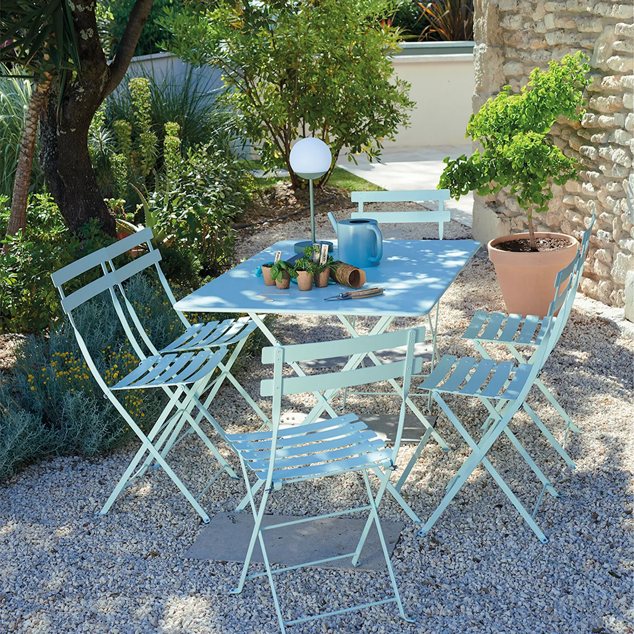 Bistro matgrupp bord 71cm & 2 metall stolar